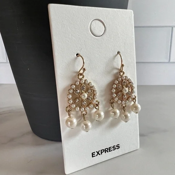 Express Gold & Faux Pearl Dangle Earrings with with Wheel Shape CZ Detail - Picture 3 of 4